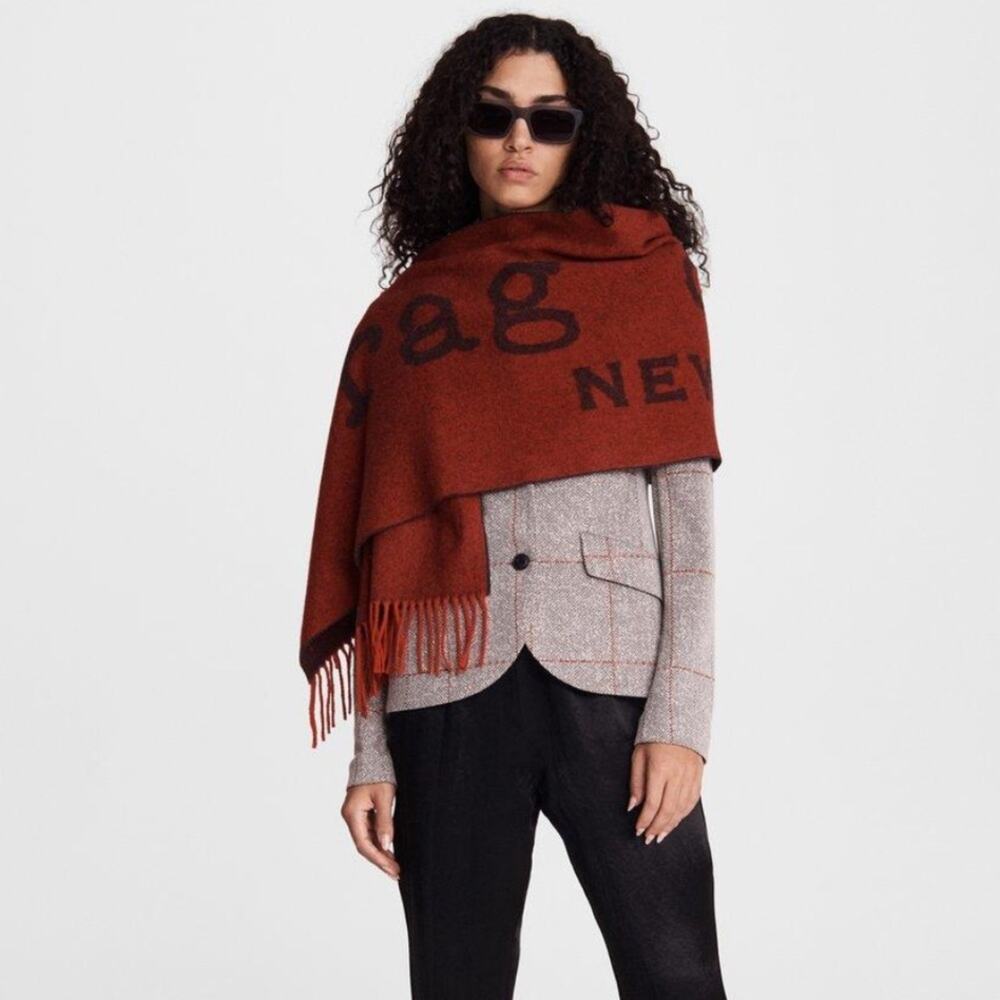 Rag and Bone Wool Scarf Two Tone Reversible Large Logo Red Burgundy New Italian‎